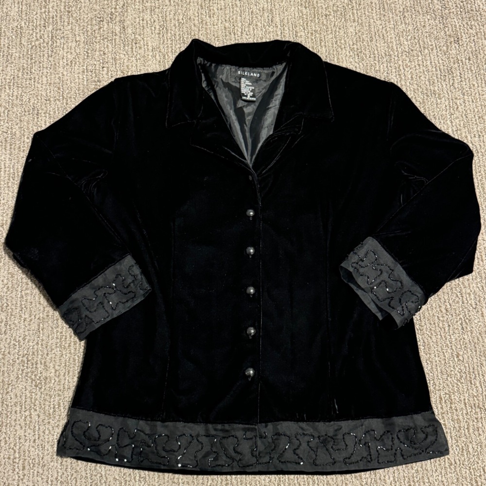 Silkland Womens 8 M Velour Velvet Jacket Blazer Beaded Hem Whimsigoth Holiday